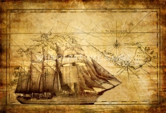 Leinwanddruck mit historischem Segelschiff und Landkarten